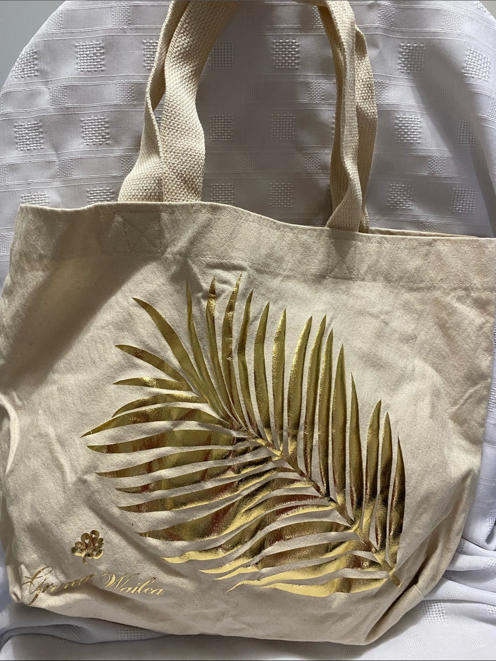 GRAND WAILEA Hawaii Canvas Tote Bag with Gold Palm Embossed